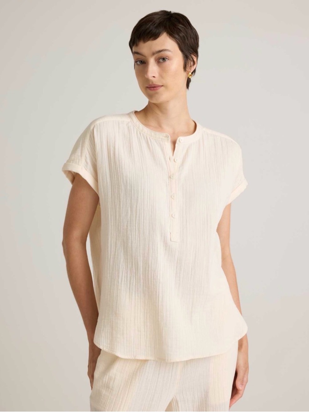 Quince Cream Organic Cotton Textured Short Sleeve Henley Top, Women’s Large